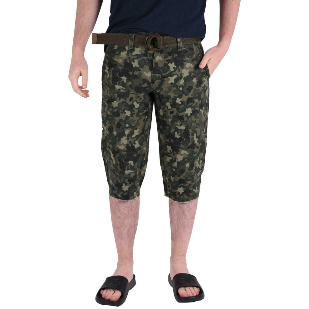 (Olive, 36) Mens Knee Length Shorts Cargo Casual Half Pants