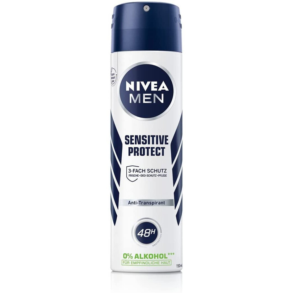 Nivea Men's Sensitive Protect Deodorant Spray (150 Ml), Antiperspirant For Sensitive Skin, Protects Against Underarm Wetness For 48 Hours Without