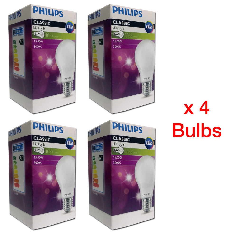 Philips E27 8.5W (75W) classic LED bulb, 3000K warm white -  (4pk)