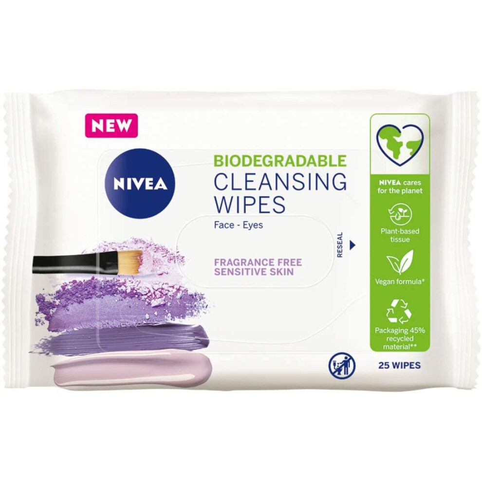 Nivea Biodegradable Cleansing Wipes Sensitive Skin (25 sheets), Biodegradable Wipes from 100 Percent Plant Fibres, Sensitive Make-Up Wipes, Face Wipes