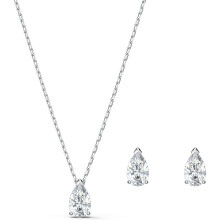Swarovski Attract Pear Jewellery Set, Women's Drop-Shaped Pendant Necklace and Matching Stud Earrings with White Crystals in a Rhodium Plated Setting