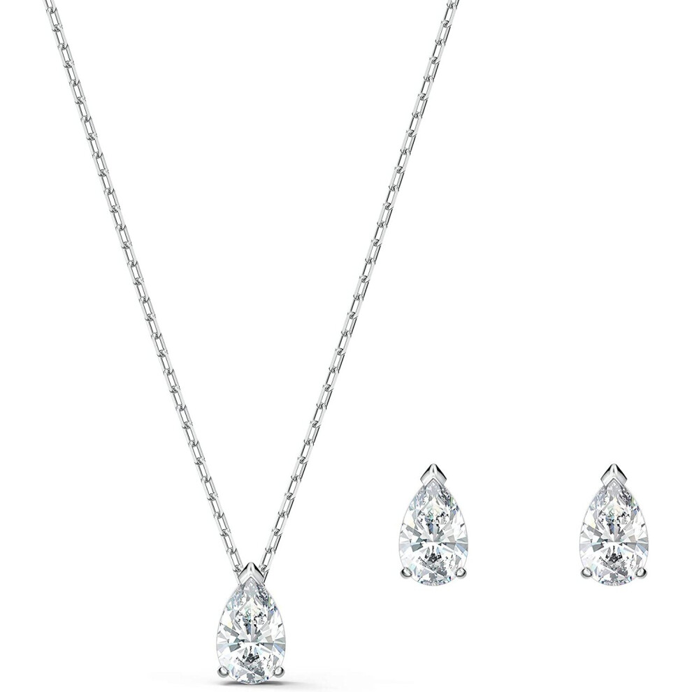 Swarovski Attract Pear Jewellery Set, Women's Drop-Shaped Pendant Necklace and Matching Stud Earrings with White Crystals in a Rhodium Plated Setting