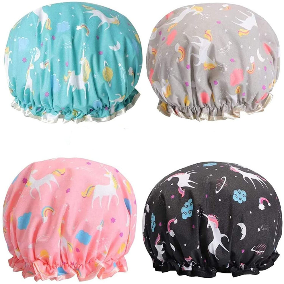 Phoetya 4 Pack Unicorn Shower Caps, Double Layer Waterproof Shower Hat Reusable Elastic Band Bath Caps Perfect For Women And Girls Children Shower Spa