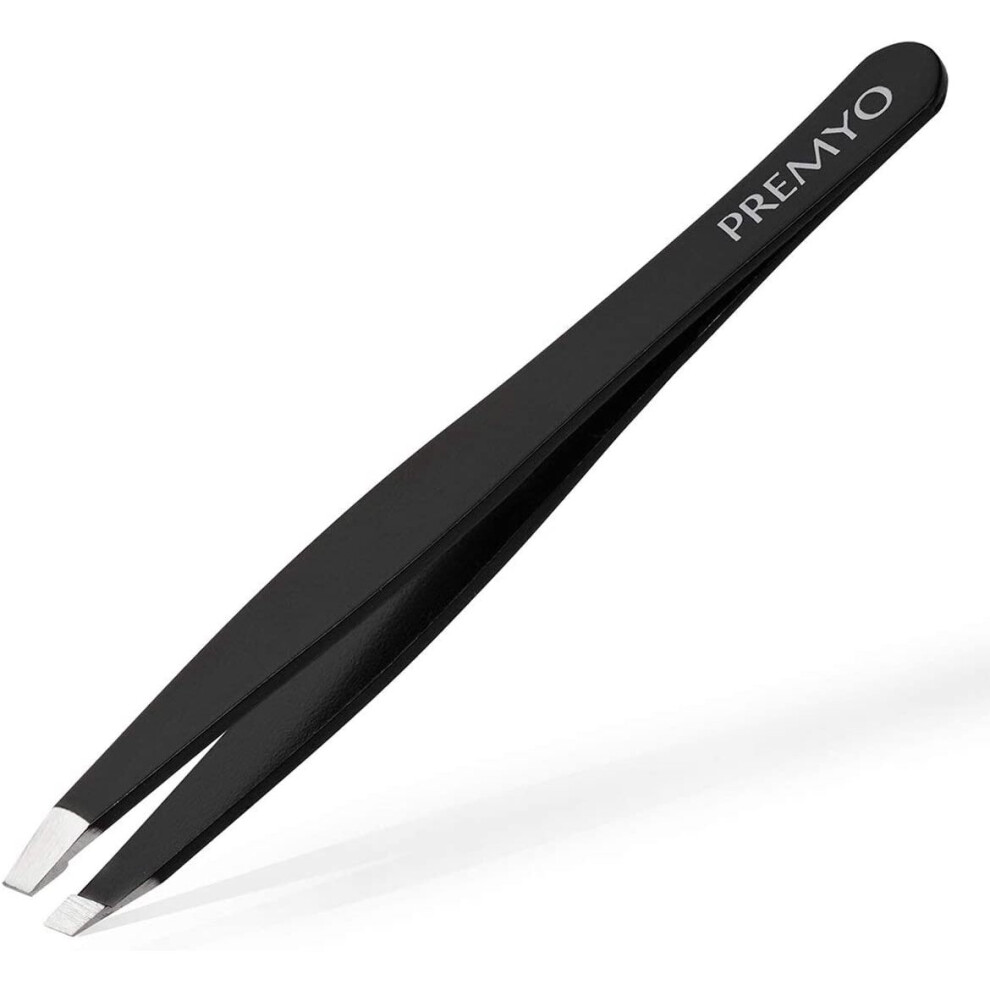 Premyo Eyebrow Tweezers With Slanted Perfectly Aligned Tips - Easy To Use Precision Plucking - Stainless Steel