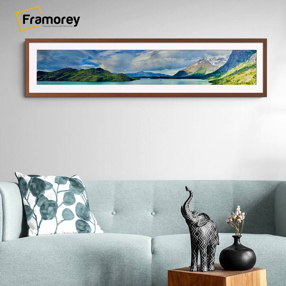 (Walnut With White Mount, 20x5" Pic (24x9" Frame)) Panoramic Size Thin Matt Walnut Picture Frame Wall Art Frames Flat Wooden Effect Poster Frame
