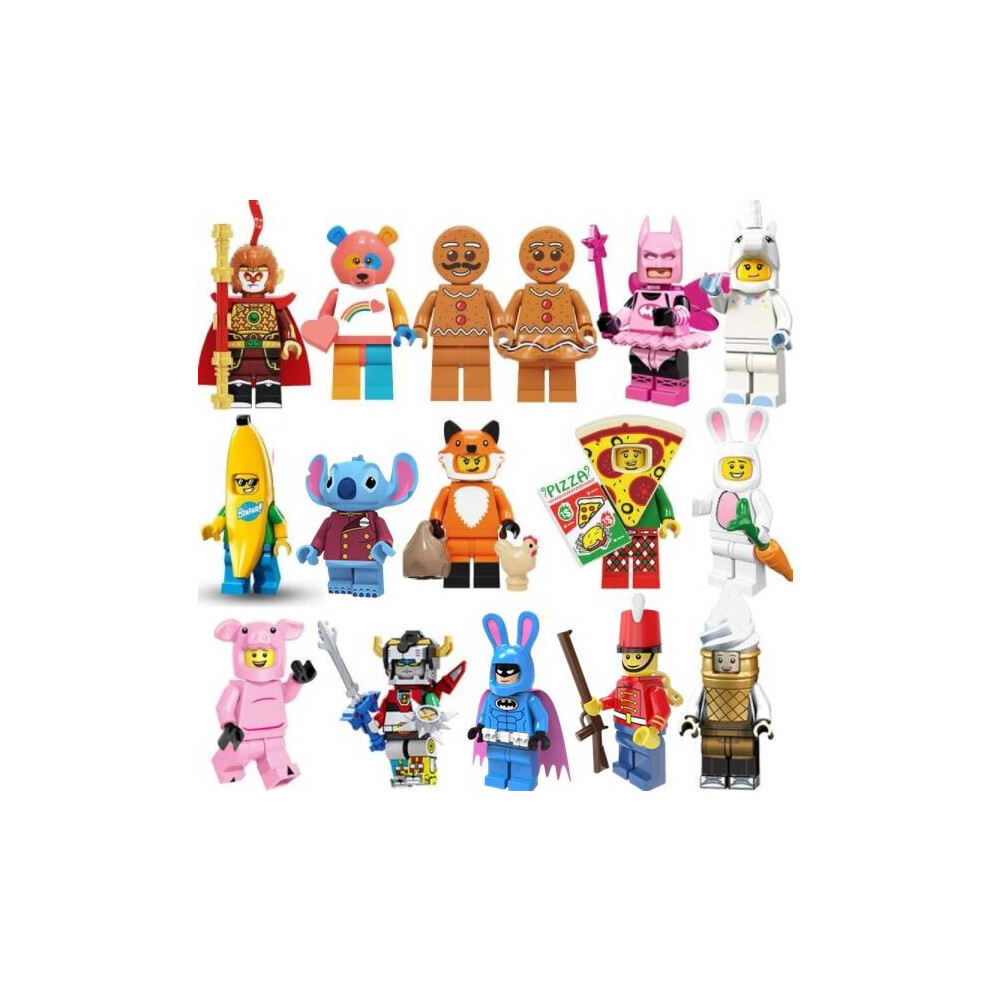 16PCS Cartoon Minifigure Rainbow Bear Cookie Man Pizza Monkey King Unicorn Clown White Rabbit Fit Lego Building Blocks Minifigure Toys