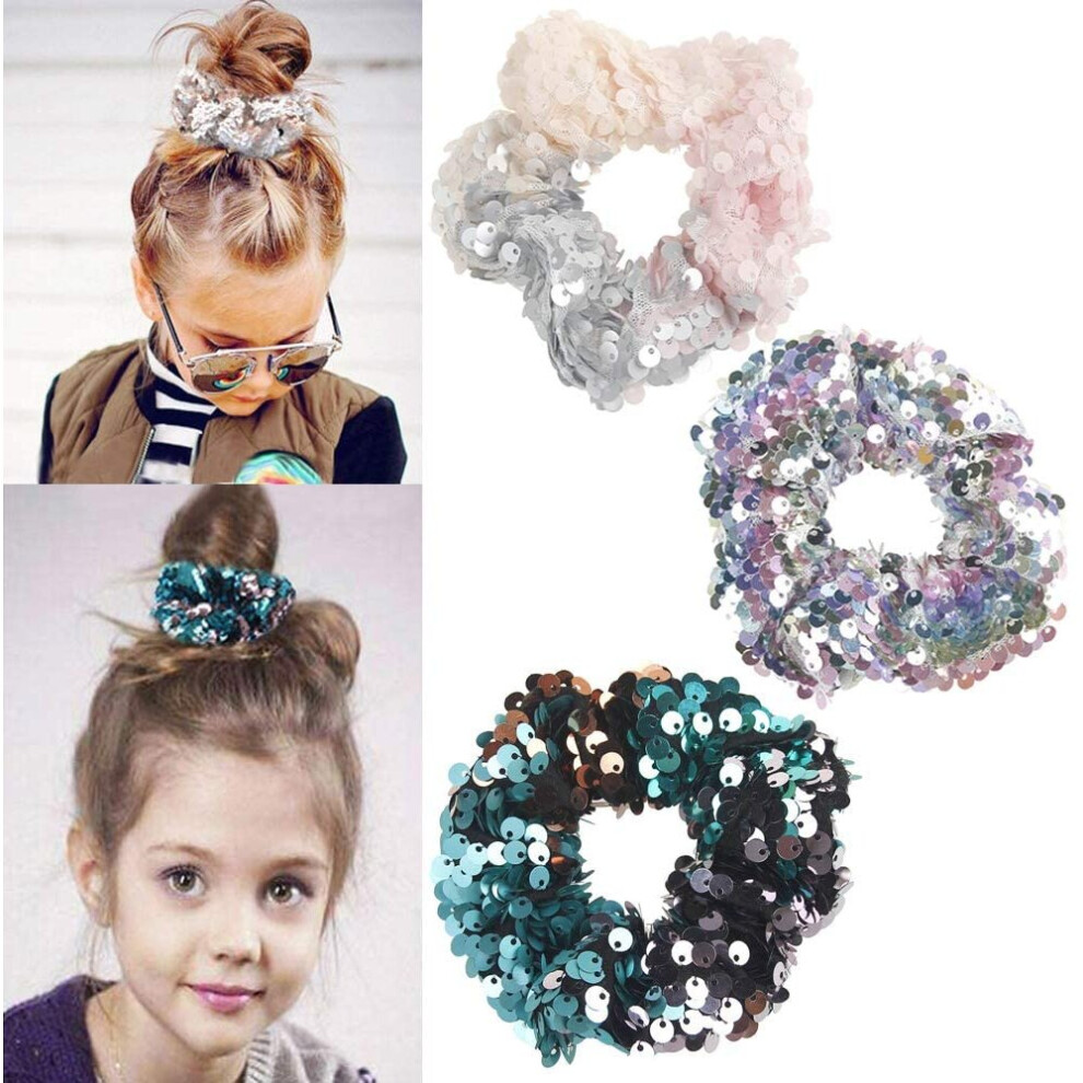 Amyzor 3Pcs Shiny Sequin Hair Scrunchies Hairbands, Women Girls Elastic Glitter Fashion Scrunchie Hair Ties Ropes Hair Bands Headwear Ponytail Holders Bun