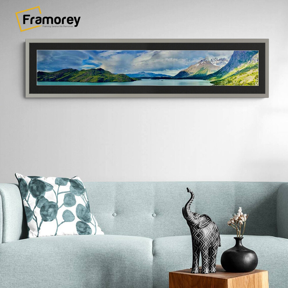 (Light Grey With Black Mount, 12x5" Pic (16x9" Frame)) Panoramic Size Thin Matt Light Grey Picture Frame Wall Art Frames Flat Wooden Effect Poster Frame