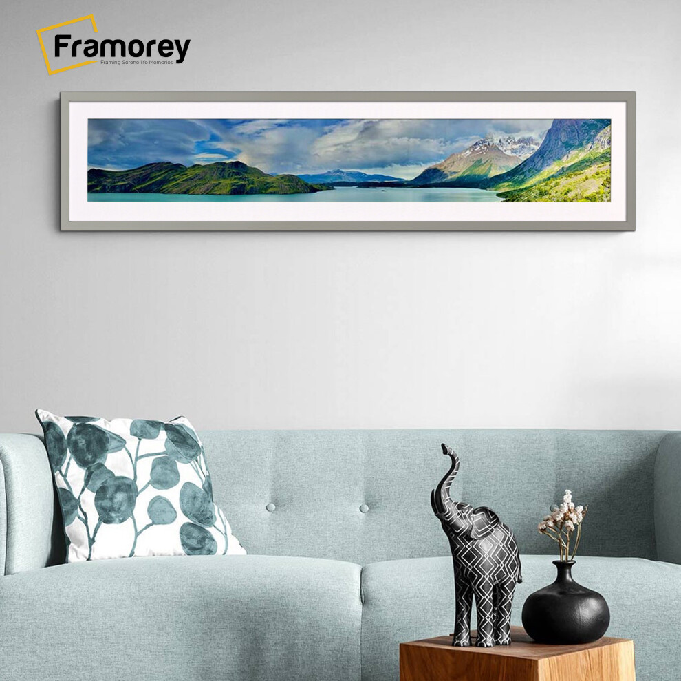 (Light Grey With White Mount, 22x8" Pic (26x12" Frame)) Panoramic Size Thin Matt Light Grey Picture Frame Wall Art Frames Flat Wooden Effect Poster Frame