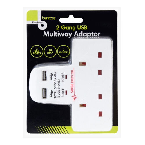 Benross 45600 Standard 2 Way Wall Adaptor Socket / Includes 2 USB Slots 2