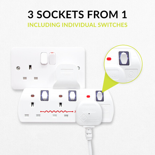 Benross 45610 Premium 3-Way Wall Adaptor Socket with Individual Switches & Surge Protection (UK Plug)
