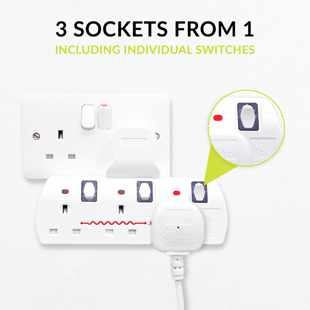 Benross 45610 Premium 3 Way Wall Adaptor Socket / Surge Protection & Switches