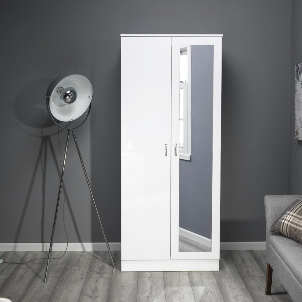 2 Door High Gloss White Mirrored Double Wardrobe - Chilton