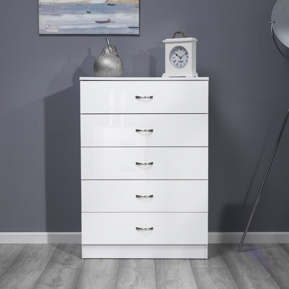 (White) FWStyle Chilton 5 Drawer Gloss Chest of Drawers