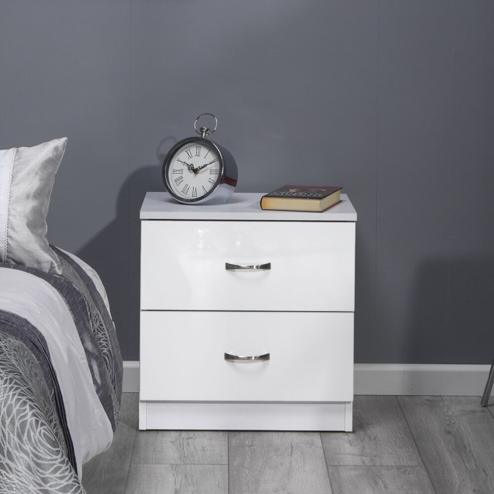 (White) FWStyle Chilton 2 Drawer Bedside Cabinet Table