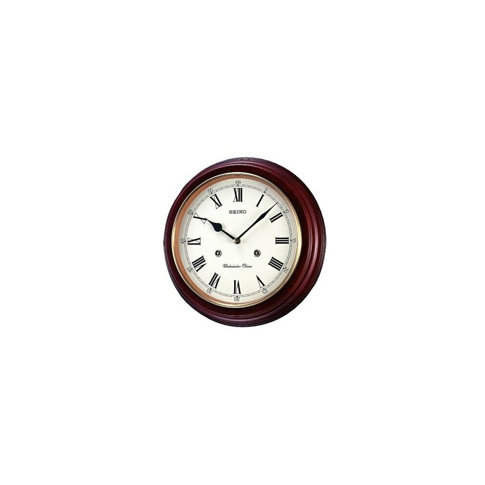 Seiko Round Dark Wooden Westminster Chime Battery Wall Clock QXH202B