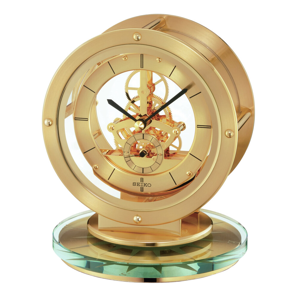 Seiko Gold Finish Battery Mantel Clock with Skeleton Movement QHG038G