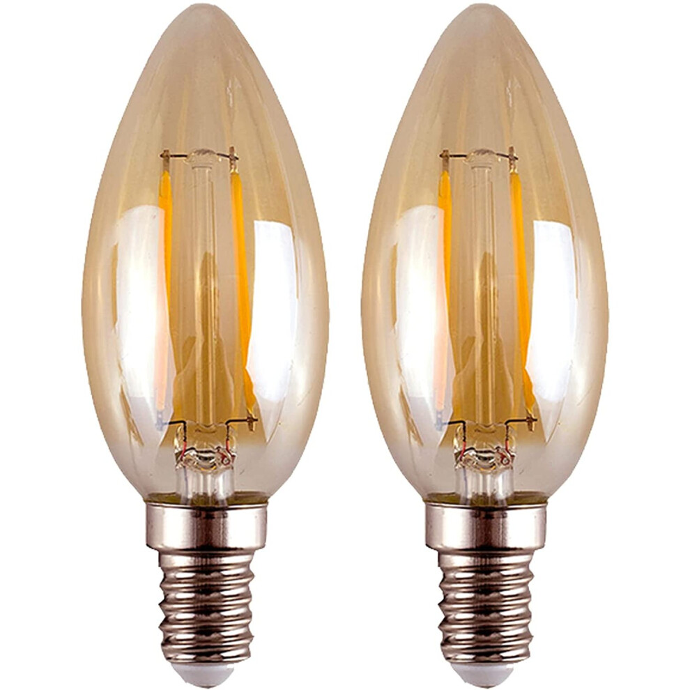 Paul Russells 2 Pack 2w=25w Candle LED Filament Amber Light Bulbs E14 SES Small Edison Screw 2W Chandelier C35 360 Beam Lamp 2200K Extra Warm White