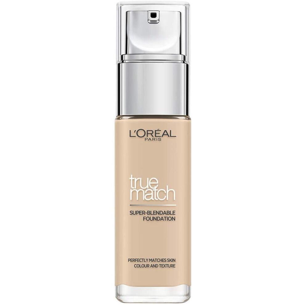 L'Oreal Paris True Match Liquid Foundation, Skincare Infused with Hyaluronic Acid, SPF 17, Available in 40 Shades, 1N Ivory, 30 ml