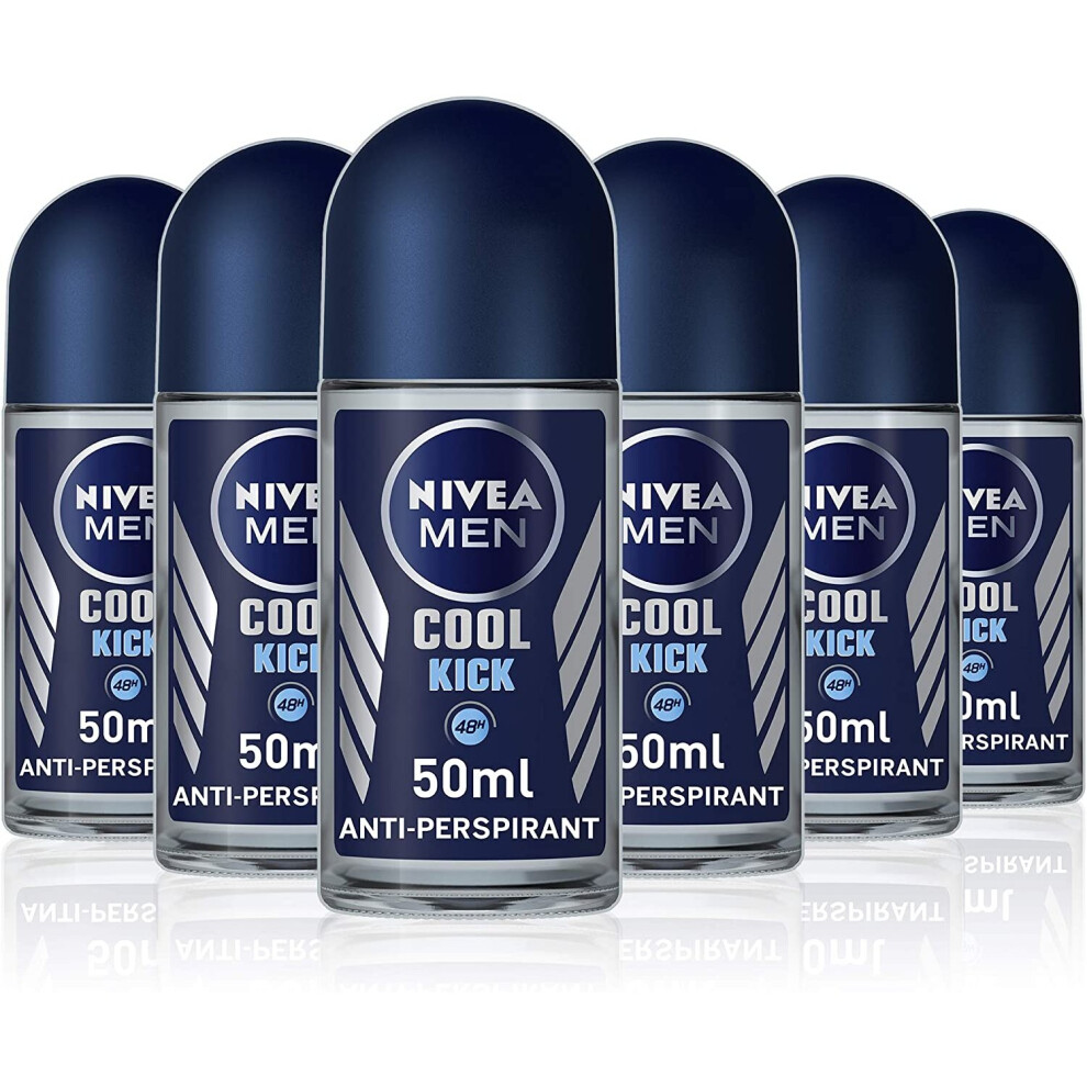 NIVEA MEN Cool Kick Anti-Perspirant Deodorant Roll On Pack of 6 (6 x 50 ml), Men's Anti-Perspirant Deodorant, Fresh Men's Roll On Deodorant + Fresh