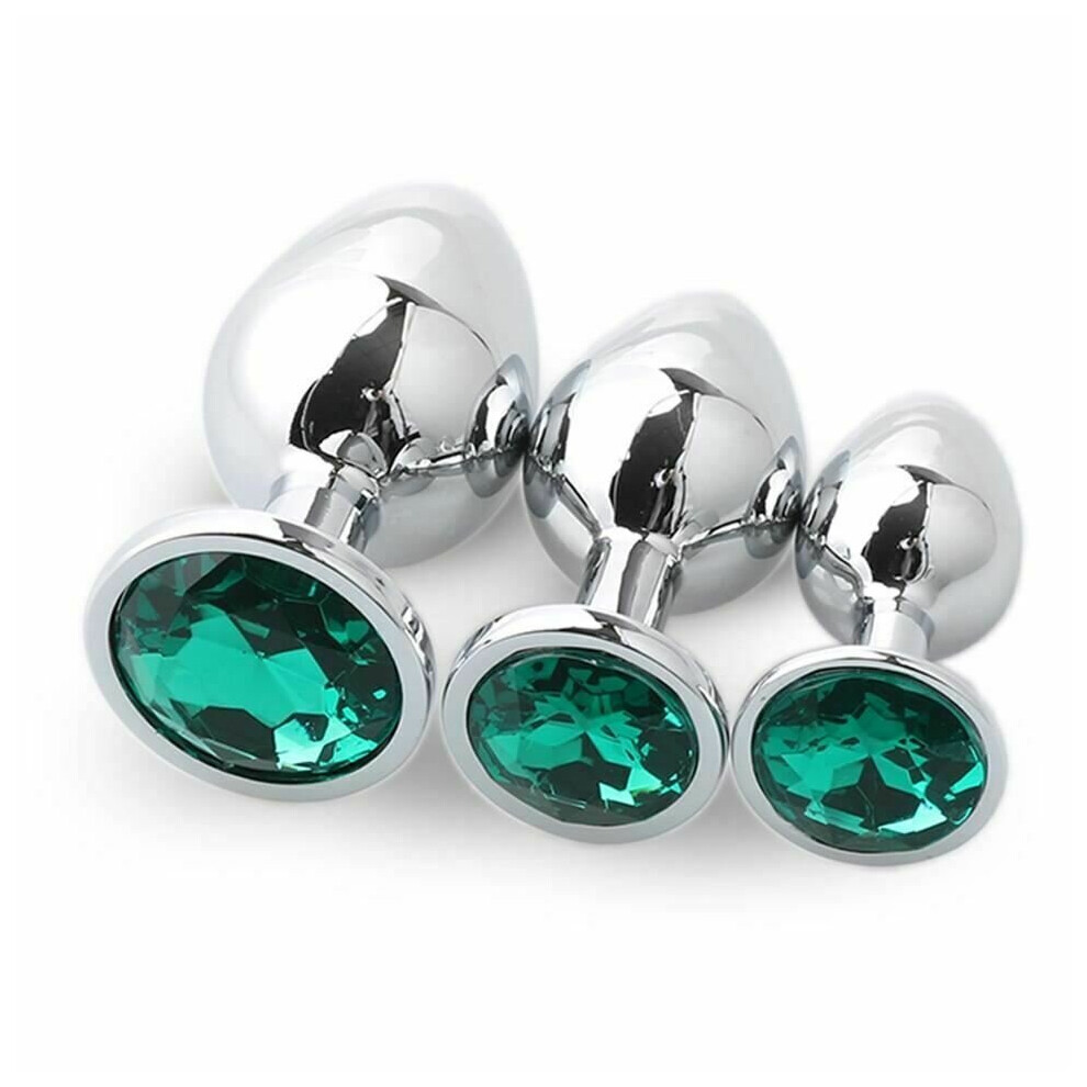 (Green) 3Pcs Stainless Steel Butt Plug Rhinestone Jewel Toys Anal Training