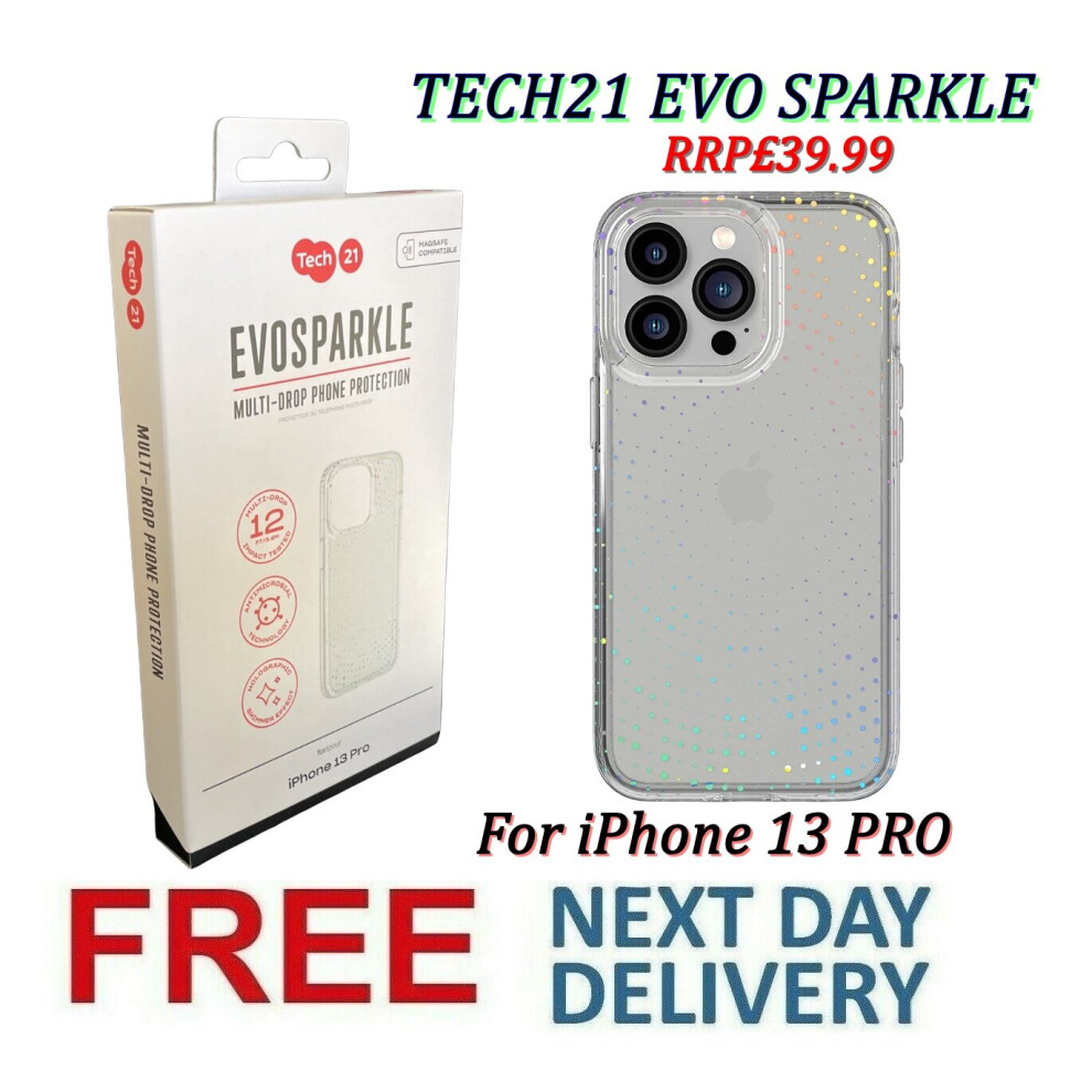 Tech21 Evo Sparkle Shimmer Effect Case [ For Apple iPhone 13 PRO ] Antimicrobial 12ft Multi-Drop Protection Cover - Radiant