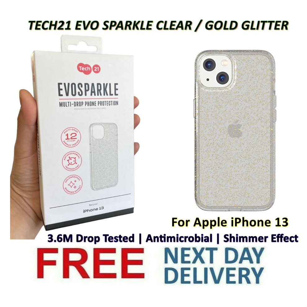 Tech21 Evo Sparkle Shimmer Effect Clear With Gold Glitter Case [ For Apple iPhone 13 ] Antimicrobial 12ft Multi-Drop Protection Cover