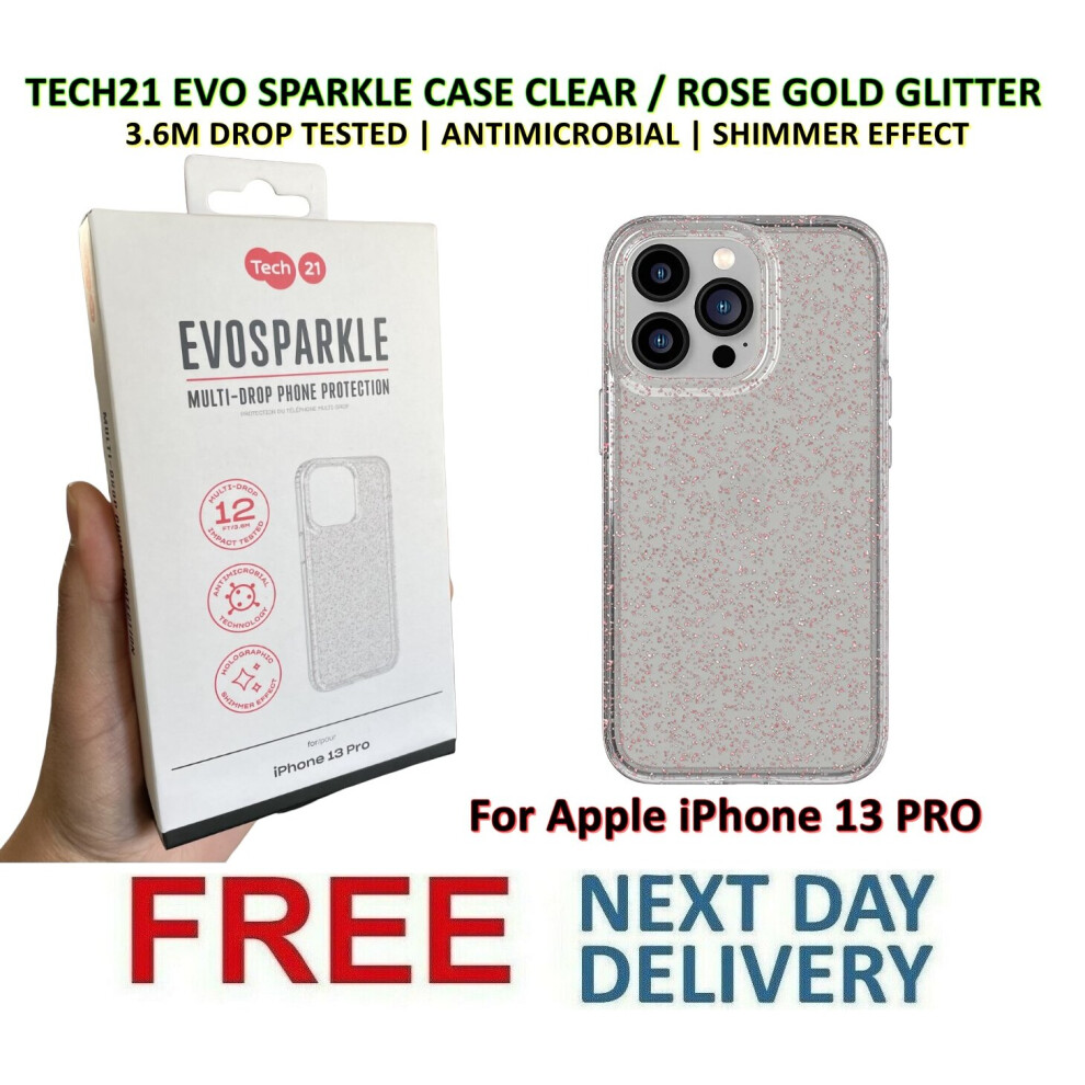 Tech21 Evo Sparkle Shimmer Effect Case [ For Apple Iphone 13 Pro ] Antimicrobial [ 3.6M Drop Protection ] Cover - / Rose Gold Glitter Clear 5056234783689