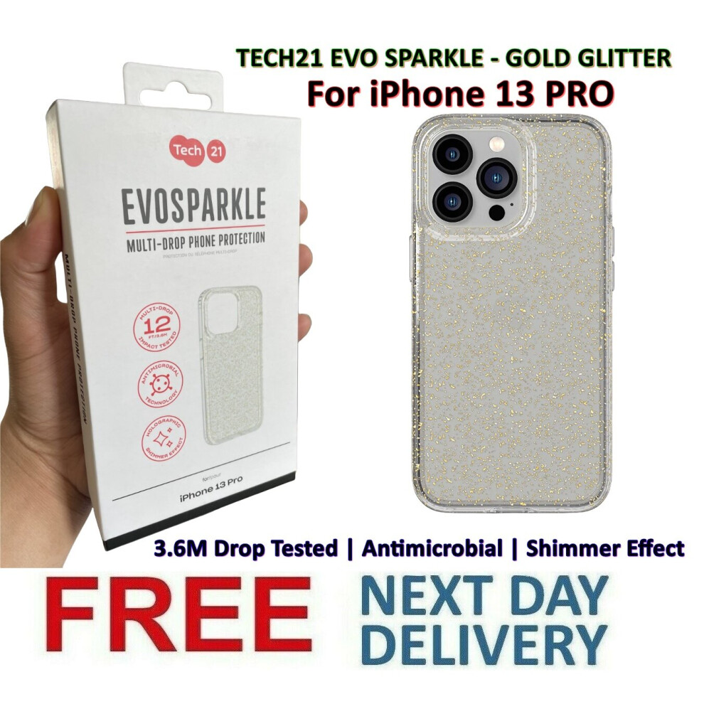 Tech21 Evo Sparkle Case With Gold Glitter [ For Apple iPhone 13 PRO ] Antimicrobial Cover 12ft Multi-Drop Protection