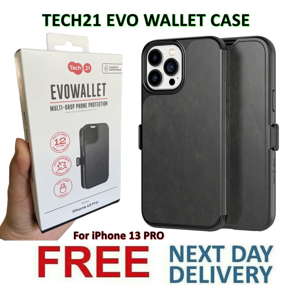 Tech21 Evo Wallet Case [ For Apple iPhone 13 PRO ] + 2 Card Storage [ Antimicrobial Protection ] Flip Cover - Black