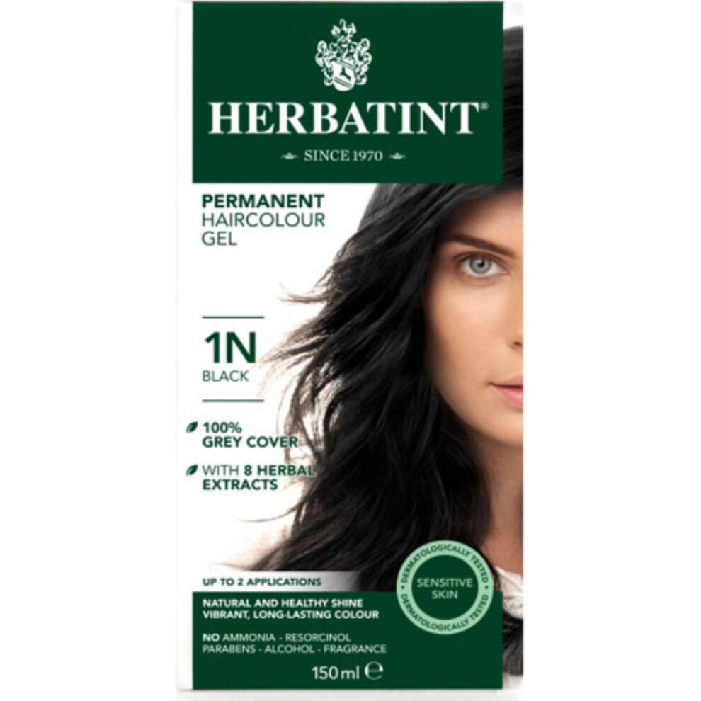 Herbatint 1N Black Permanent Hair Colour Gel - Ammonia-Free, Plant Extracts, 150ml, Covers White Hair