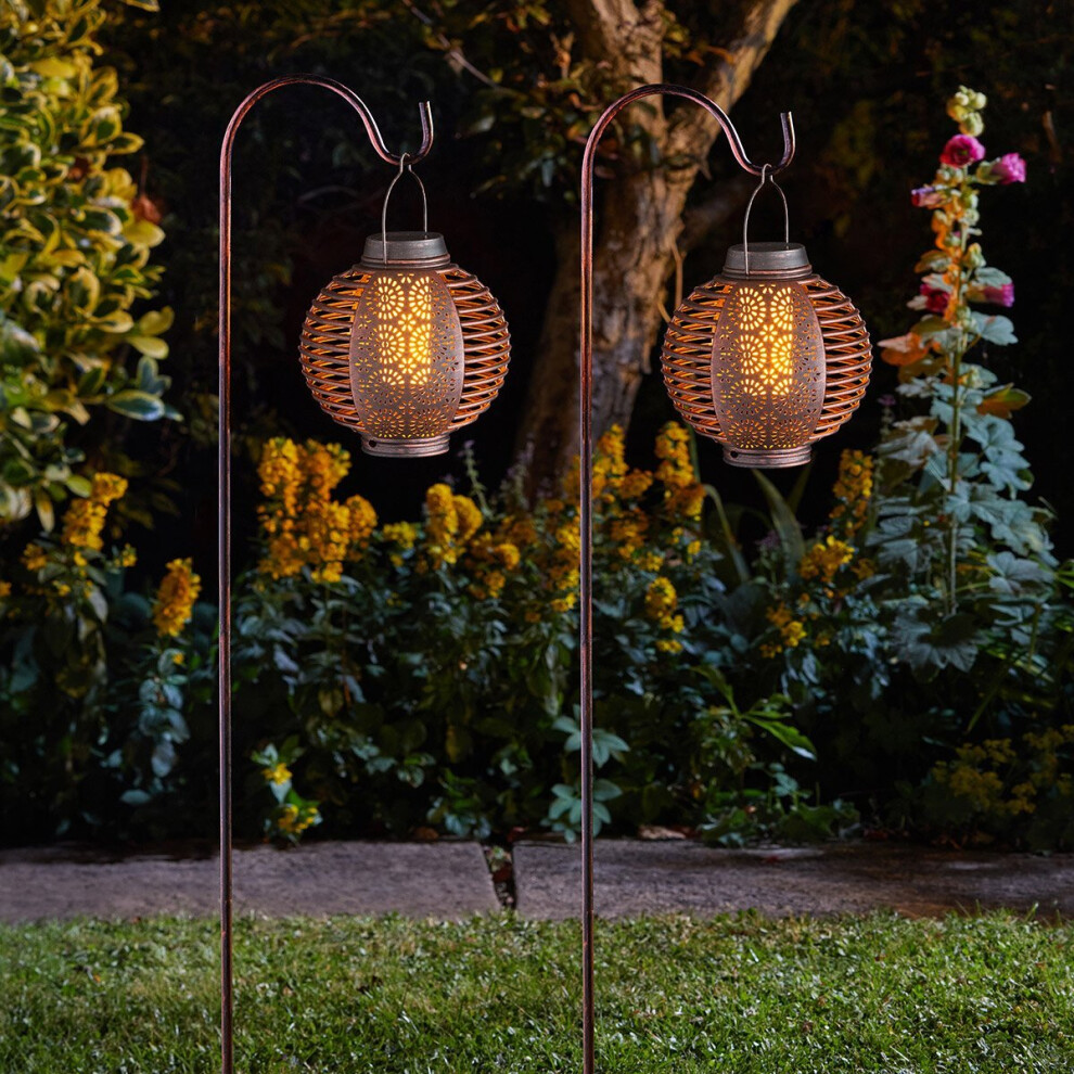 2 Pack Solar Power LED Realistic Flame Lantern Stake Lights | Hanging Garden Pathway Shepherd's Crook