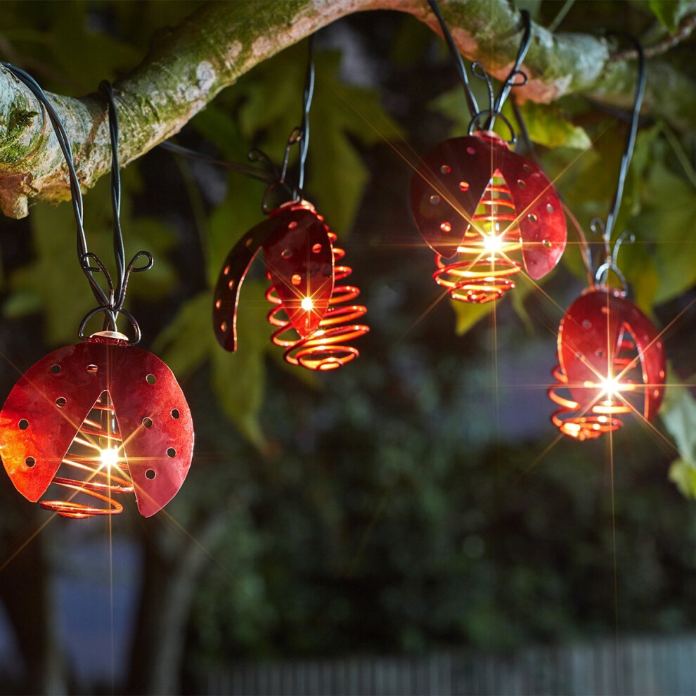 3.8m Solar Power Outdoor Novelty LED Ladybird Spiral String Fairy Lights | Garden Decoration