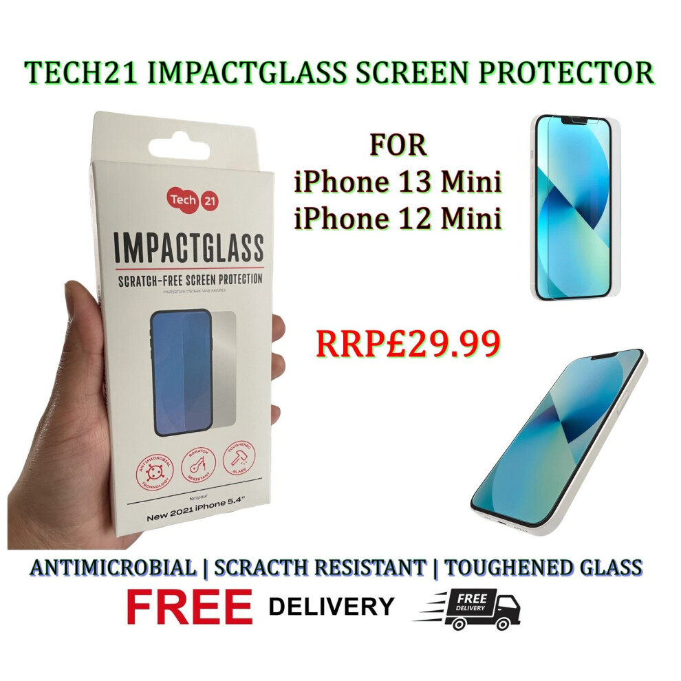 Tech21 ImpactGlass Screen Protector [ For Apple iPhone 13 Mini | 12 Mini ] Antimicrobial, Scratch Resistant, Toughened Tempered Glass