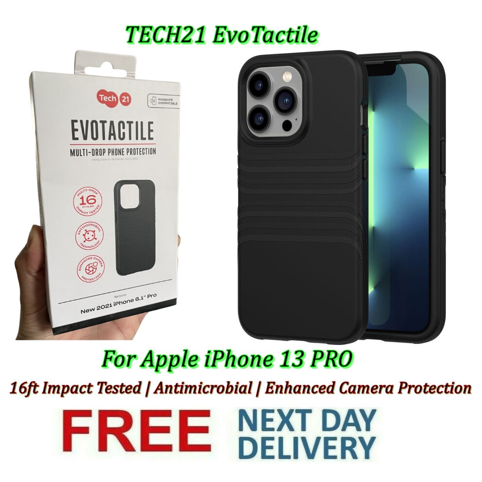 Tech21 EvoTactile Case [ For Apple iPhone 13 PRO ] Antimicrobial 16ft Multi-Drop Protection Cover - Black