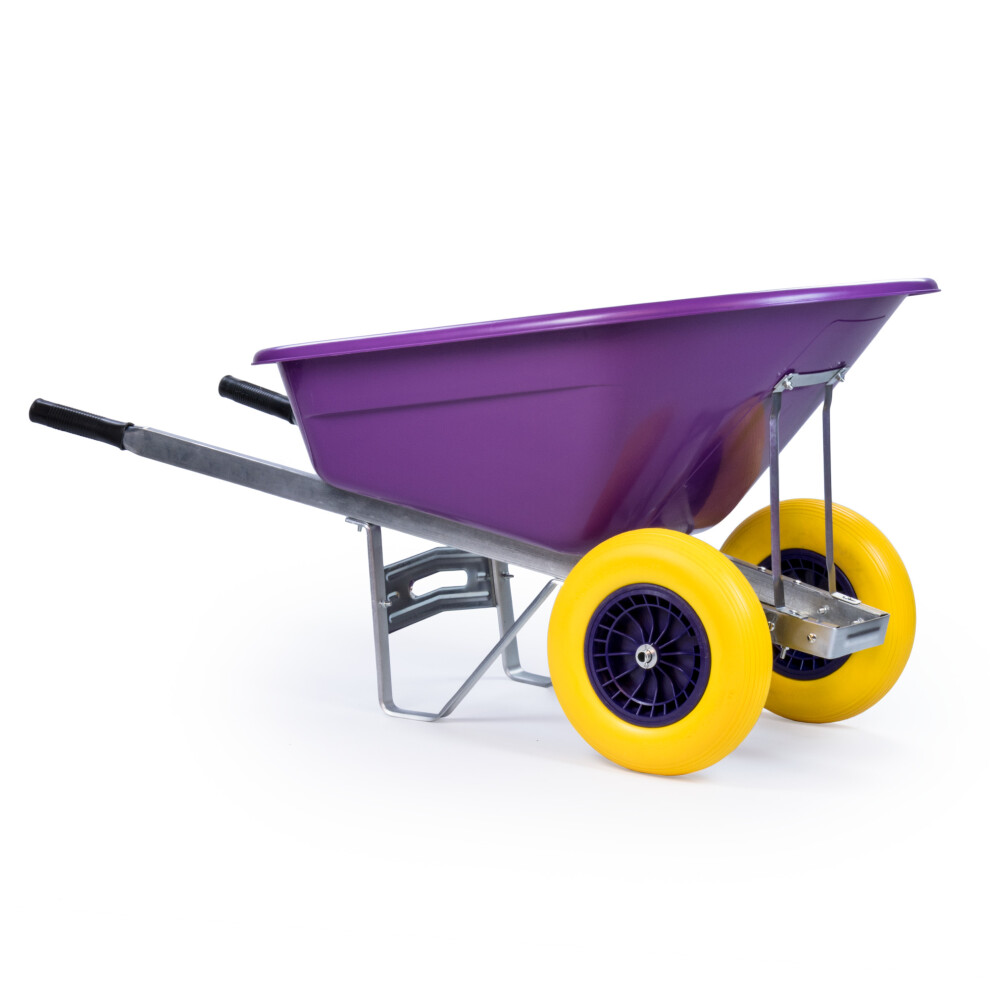 (Purple Barrow with Purple and Yellow Tyres) 160L Heavy Duty Twin Wheel Wheelbarrow Garden/Stable