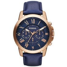Fossil FS4835 Grant Rose Gold tone Case Blue Leather Band Men's Watch