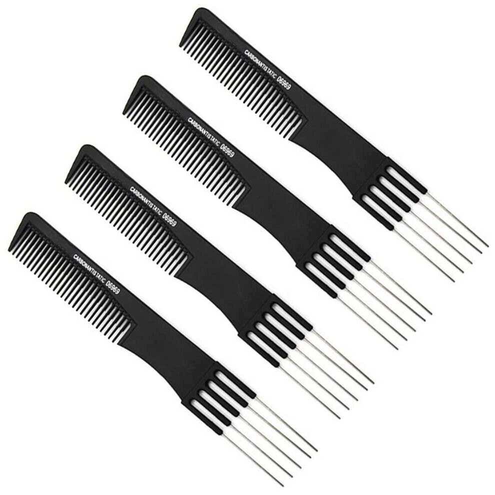 4 Pack Black Carbon Lift Teasing Combs with Metal Prong,Strength Professional Hair Styling Comb for Women Men,Styling Lifting Back Hair Comb with