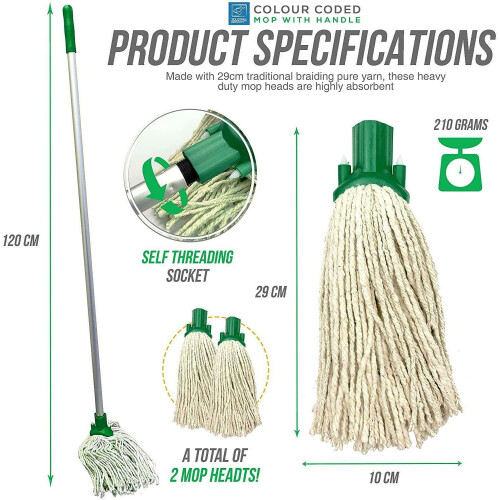 2x Colour Coded Floor Mop Green Heads Handle Replacement Heavy Duty 2