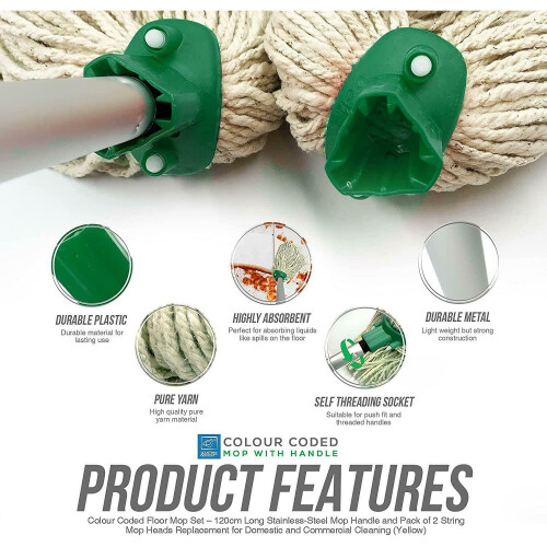 2x Colour Coded Floor Mop Green Heads Handle Replacement Heavy Duty 1