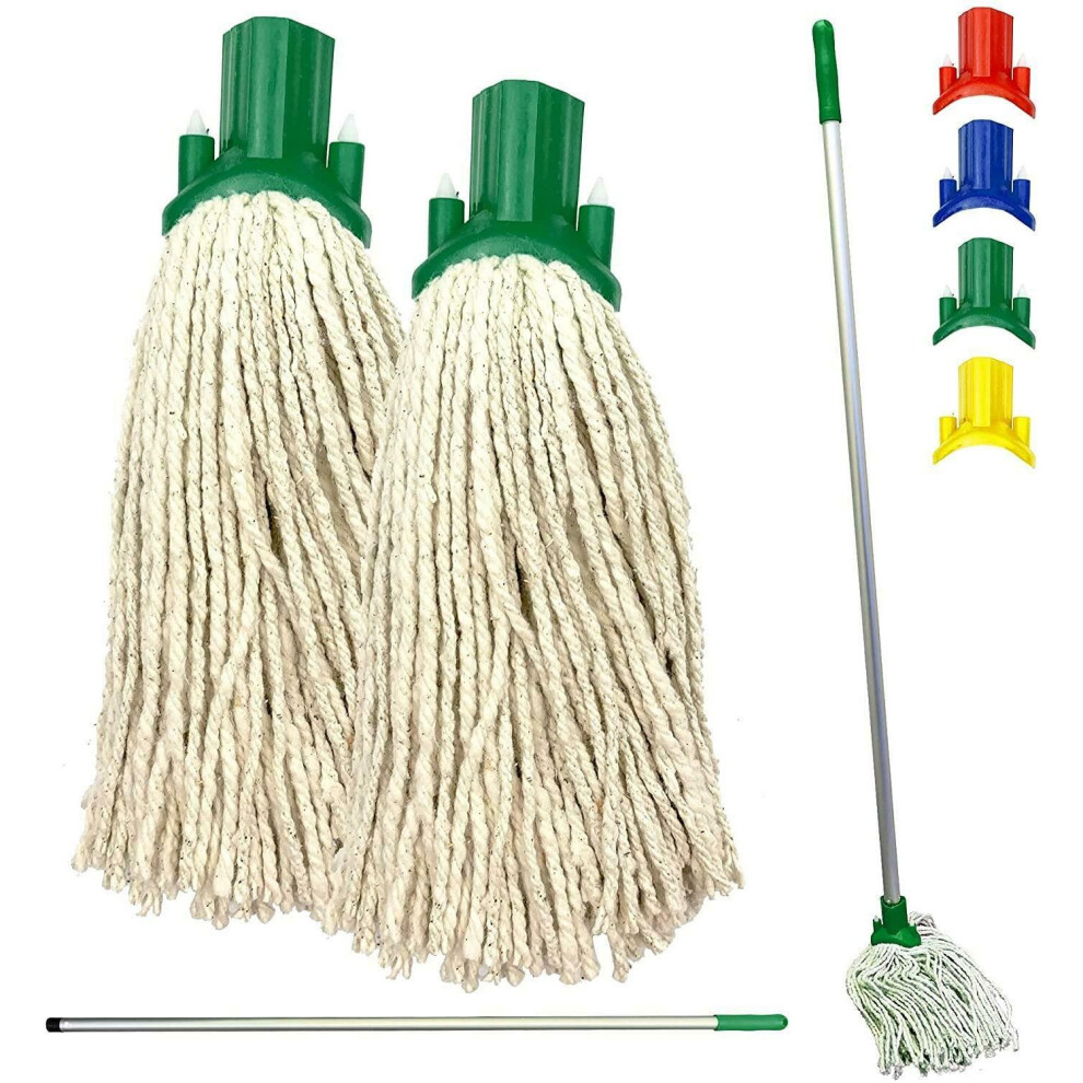 2x Colour Coded Floor Mop Green Heads Handle Replacement Heavy Duty