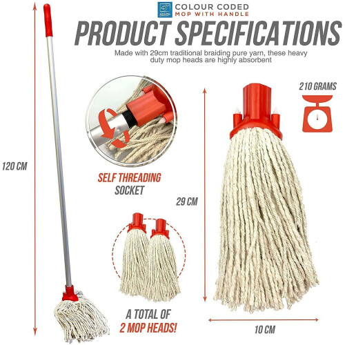 2x Cotton Floor Mop Red Heads Handle Replacement Heavy Duty Multi Fit 2