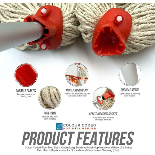 2x Cotton Floor Mop Red Heads Handle Replacement Heavy Duty Multi Fit 1