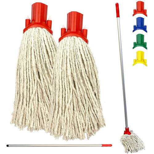 2x Cotton Floor Mop Red Heads Handle Replacement Heavy Duty Multi Fit