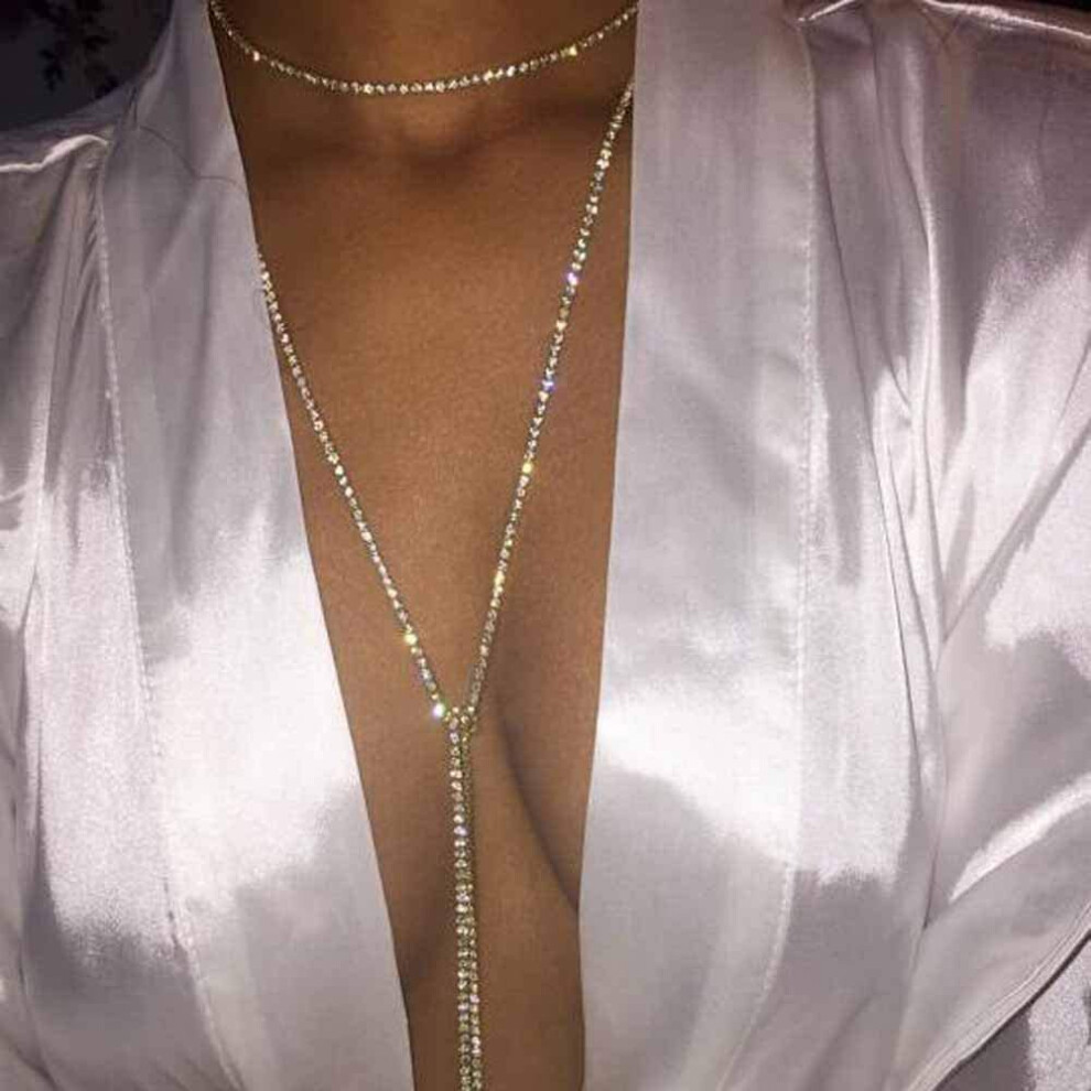 Jovono Sexy Rhinestone Y Necklace Silver Crystal Long Necklace Chain for Women and Girls