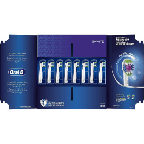 Oral-B 3D White Replacement Toothbrush Head with CleanMaximiser Technology, Pack of 8 Counts, Mailbox Sized Pack 1