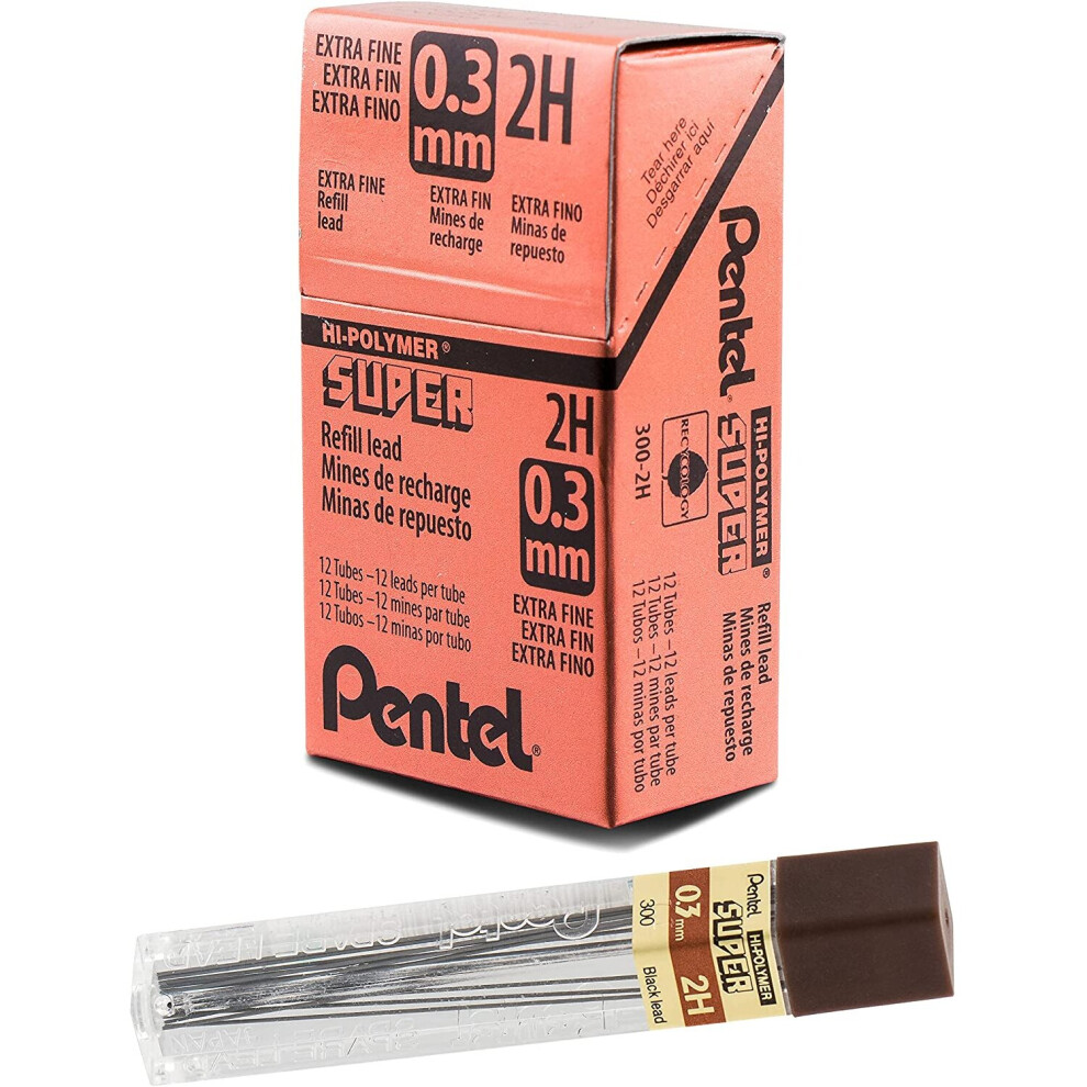 Pentel Super Hi-Polymer Refill Lead, 0.3mm Lead, Grade 2H, 1 Pack of 12 Tubes, (12 Leads per Tube)