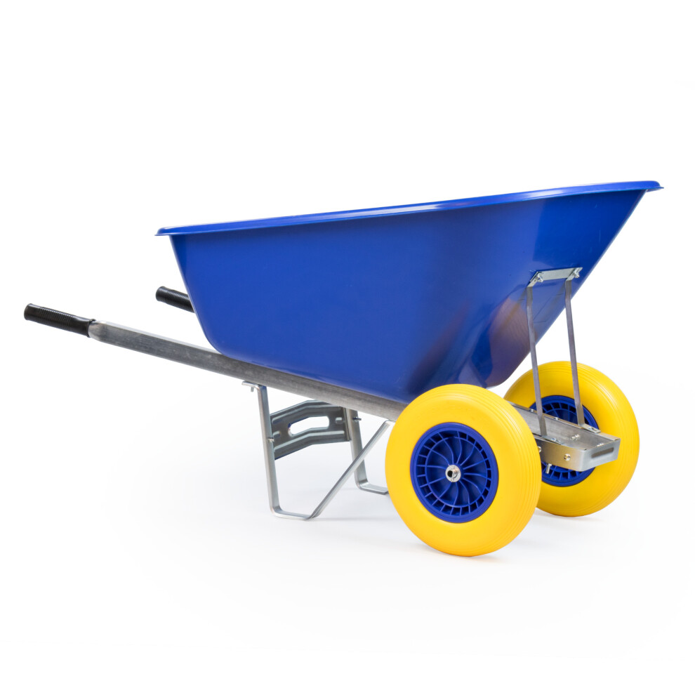 (Blue Barrow with Blue and Yellow Tyres) 200L XL Heavy Duty Twin Wheel Wheelbarrow Garden/Stable