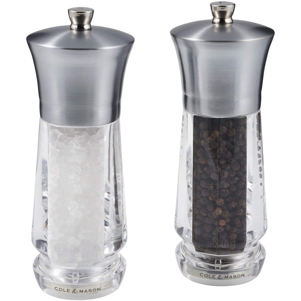 Cole & Mason H321913 Exford Salt and Pepper Mills | Precision+ | Brushed Nickel/Acrylic | 160 mm | Gift Set | Includes 2 x Salt and Pepper Grinders |