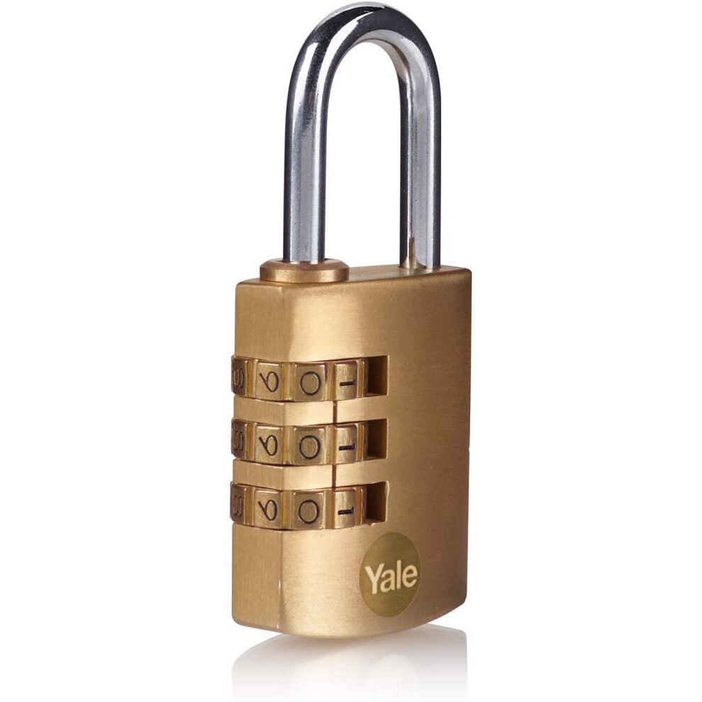 Yale Y150b/30/125/1 - Brass Combination Padlock (30 Mm) - Indoor Steel Shackle Lock For Backpack, Locker, Tool Box - 3 Dial Lock 1000 Combinations